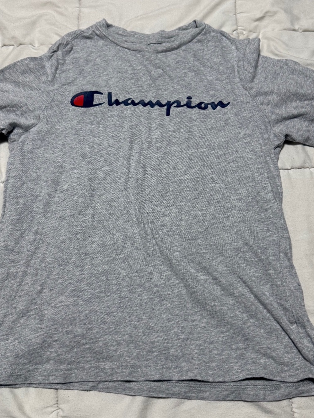 Champion Boys L (14/16) Gray Long Sleeve Logo Graphic Crew Neck Cotton Tee